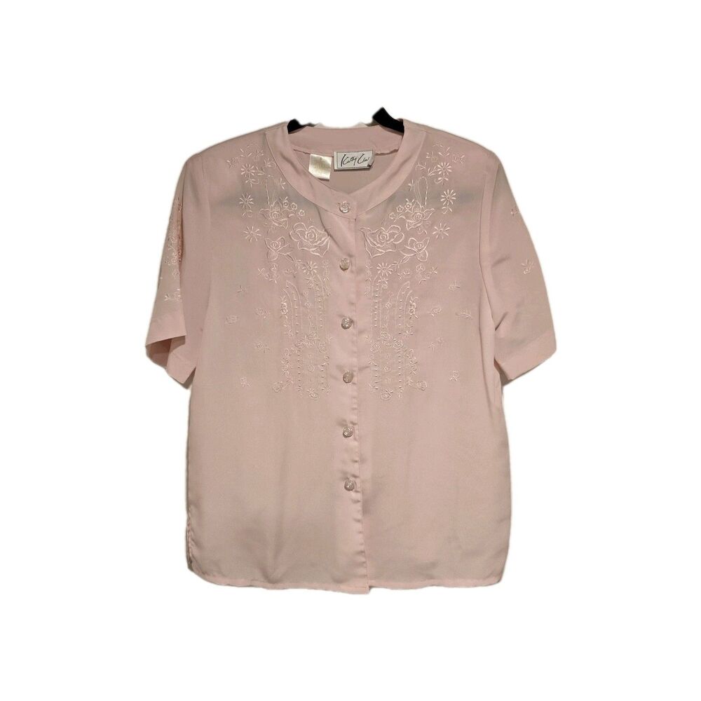 True Vintage 80s Blouse Womens 8 Embroidered Button Up Secretary Short Sleeve